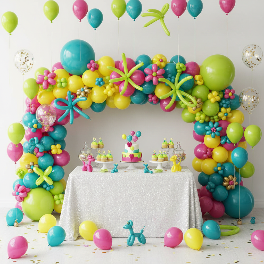 Lime, Teal, Yellow, Wild Berry Latex Balloon Arch